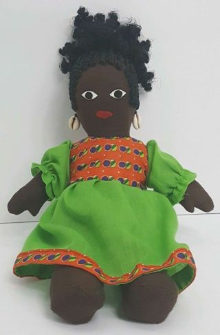 Vintage Hand Made Cloth Rag Doll Folk Art W/ Shell Earrings Black Yarn Hair Ooak