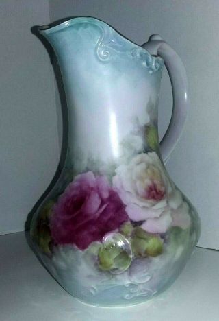 Antique Victorian Hand Painted Water Pitcher 10 " Red/pink/white Roses Signed Euc