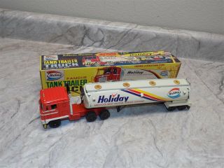 Vintage Japanese Tin Holiday Gas Stations Famous Tank Trailer Semi Truck