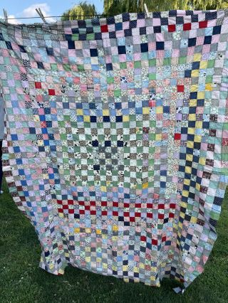 Vintage Hand Quilted Feedsack Fabric Patchwork Quilt Top