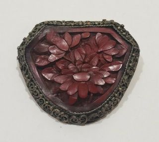 Antique Vintage Chinese Carved Cinnabar Floral Pin Brooch Filigree Stamped China