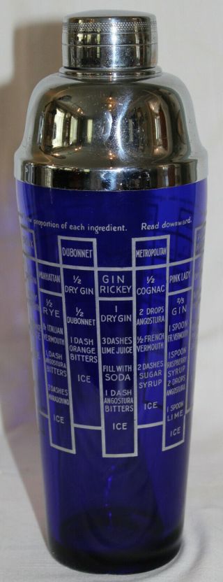 Antique Heavy Cobalt Blue Glass Recipe Cocktail Shaker - 16 Recipes