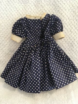 Vintage navy polka dot dress tagged Cissette Madame Alexander,  white trim & bow 2