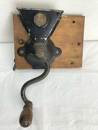 Vintage Charles Parker Antique Coffee Mill Grinder On Board Cast Iron And Metal