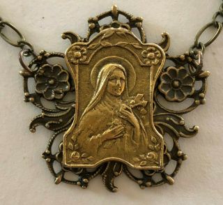 Antique Catholic Religious Holy Medal / Gold Tone / Chain Ornate Saint Therese