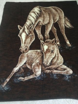 Vintage Biederlack West Germany Reversible Horse Foal Brown Tan Throw Blanket