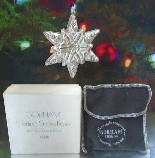 Vintage Gorham Limited Edition Sterling Silver Snowflake Ornament Box & Bag 1970