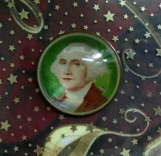 Antique Round Glass Domed George Washington Bust Print Brass Rosette Brooch Pin