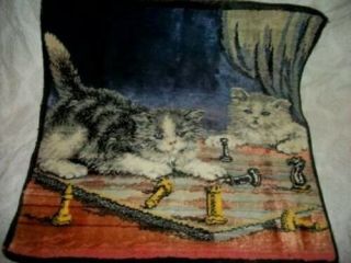Antique Italian Velvet Tapestry Pillow Cover Mischievous Cats Chess Board Old