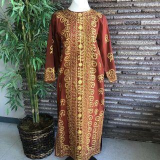 Vintage 70s Tribal Ethnic Embroidered Rust Maxi Dress Caftan Morocco