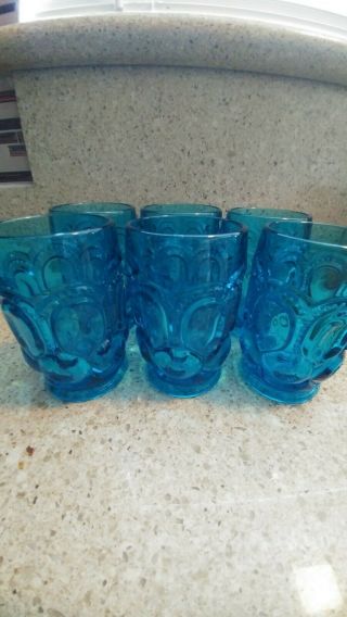 6 Vintage Le Smith Moon And Star Glass Water Tumbler Blue 4.  5”