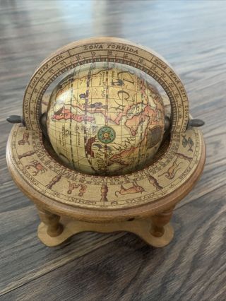 Vintage Wood Old World Globe Desktop Zodiac Astrology Zona / Made In Italy