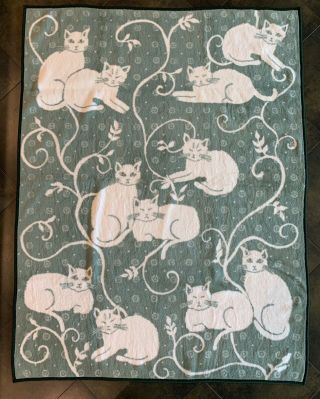 Vintage San Marcos Reversible Blanket Kitten Cat 60 X 80 Green Acrylic Throw