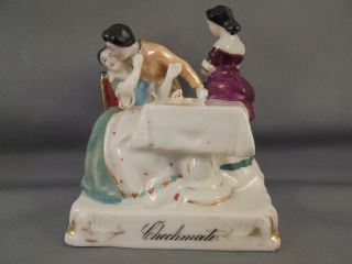 Antique 19th C Porcelain Fairing Checkmate Man Woman Playing Chess