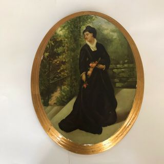 Vintage Italian Woman In Black Lacquered Painting Convex Gilted Edge Wood Mound