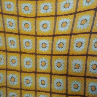 Vintage Crocheted Afghan Granny Square Retro Yellow Flowers Brown Scalloped Trim 3