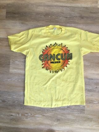 Vintage Cancun Tshirt Mens Large Yellow Sun Shirt Mexico