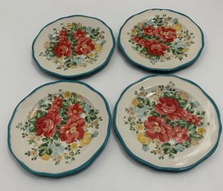 The Pioneer Woman Vintage Floral Salad Plate 8.  5” Teal Euc Set Of 4