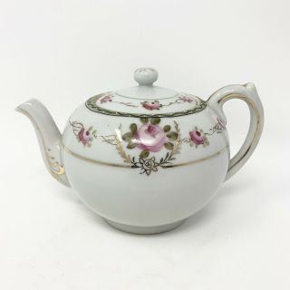 Antique Nippon Hand Painted Moriage Teapot Pink Roses Gold Trim Single Use Japan