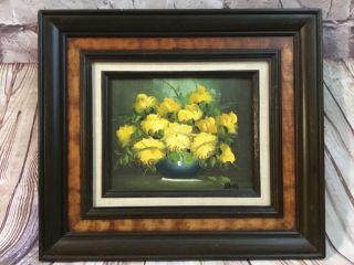 Vintage Framed Oil On Board Yellow Rose Florals In A Vase Signed Artist Wells