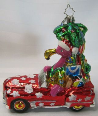 Radko Pink Flamingo Driving Red Car W/santa Hat Christmas Present Glass Ornament
