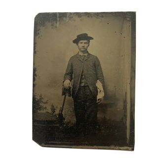 Antique Early Tintype Photograph Young Man Cowboy Hat White Handkerchief Pocket