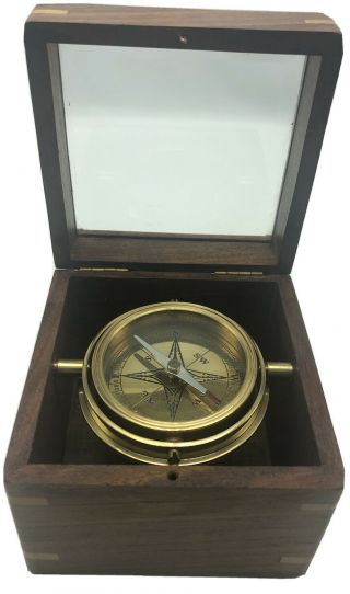 Vintage Antique Navigation Metal Compass Brass Inside Wood Box