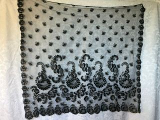 Antique Vintage Victorian Black Netted Lace Shawl / Wrap