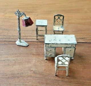 Vintage Set Of 5 Tootsie Toy Beige Cast Metal Doll House Library Study Furniture
