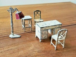 Vintage Set of 5 Tootsie Toy Beige Cast Metal Doll House Library Study Furniture 2