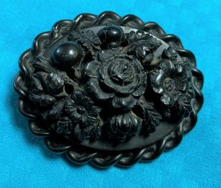 Antique Victorian Carved Whitby Jet Floral Mourning Brooch
