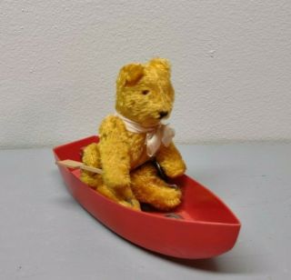 Vintage Mohair Teddy Bear In Row Boat Wind Up Toy W Key 4 " Tall Unmarked