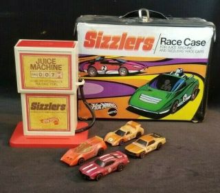 Pre Owned Hot Wheels Redline Sizzlers Race Case W/ 4 Vintage 60s - 70s Cars,  Pump