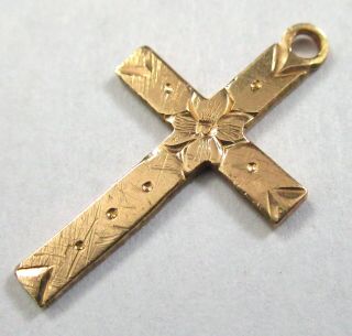 Antique 14k Gold Cross Engraved Flower Pendant Etched Floral Drop 585 Vintage