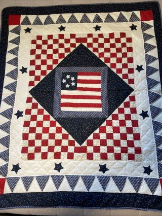 Americana Patriotic Vintage Hand Quilted Flag Stars Quilt 49 1/2 " X 60 Throw