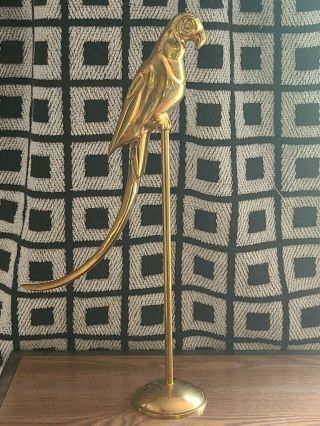 Vintage Solid Brass Parrot Perched On Stand 17 " Tall Metalware