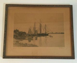 Antique Quiet Waters Lithograph Signed C H Harris Framed Nautical Ship Art Print