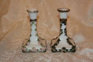 Antique Pair Milk Glass Painted Roses Candlesticks Candle Holders