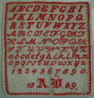 1889 German Red Antique Needlework Wool Work Cross Stitch Alphabet Sampler