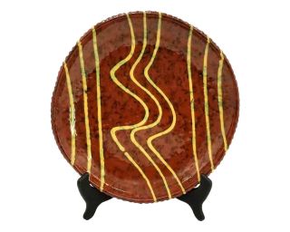 Redware Pottery Plate Platter Signed Mel Jeff White Design Wavy Pattern Vintage