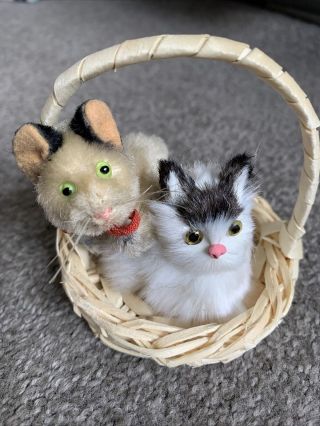Vintage Schuco Mohair Miniature 3” Mohair Jointed Cat Kitten,  Fur Cat Basket