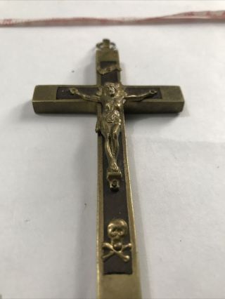 Antique Brass Cross Crucifix France With Wood Inlay And Skull