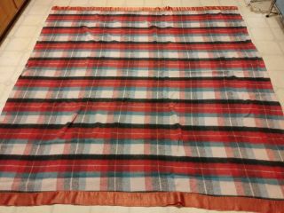 Vintage Plaid Wool? Blanket Satin Trim Red Teal Gray 70 " X 70 "