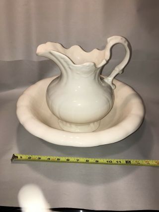 Vintage / Antique Large Ironstone White Floral Pitcher And Bowl /basin