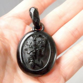 Antique Victorian Whitby Jet Carved Cameo Bacchante Photo Locket Pendant