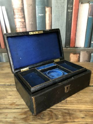 Antique Edwardian Black Leather & Royal Blue Inner Jewelry Trinket Storage Box