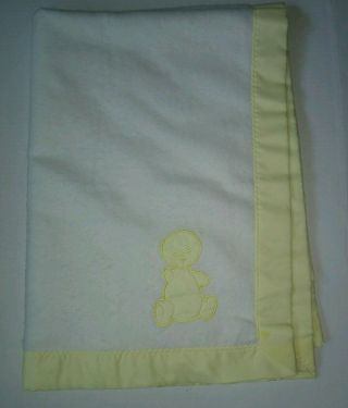 Vtg Chatham Baby Blanket Yellow White Bear Nylon Trim Acrylic One Stain 35 X 50