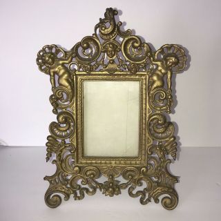 Antique Solid Brass Picture Frame Tabletop Easel Heavy Cherub Angel