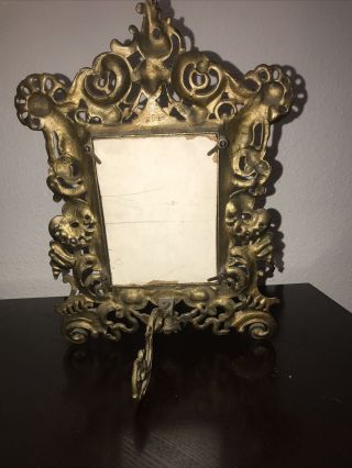 Antique Solid Brass Picture Frame Tabletop Easel Heavy Cherub Angel 2