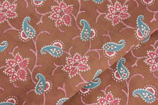 Chintz Antique French Fabric Cotton Brown Blue & Red Material C 1900